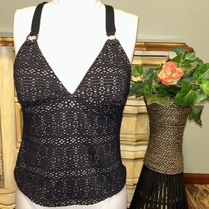 Catalina Black Tan Lace Overlay Halter Bathing Suit Tankini Top